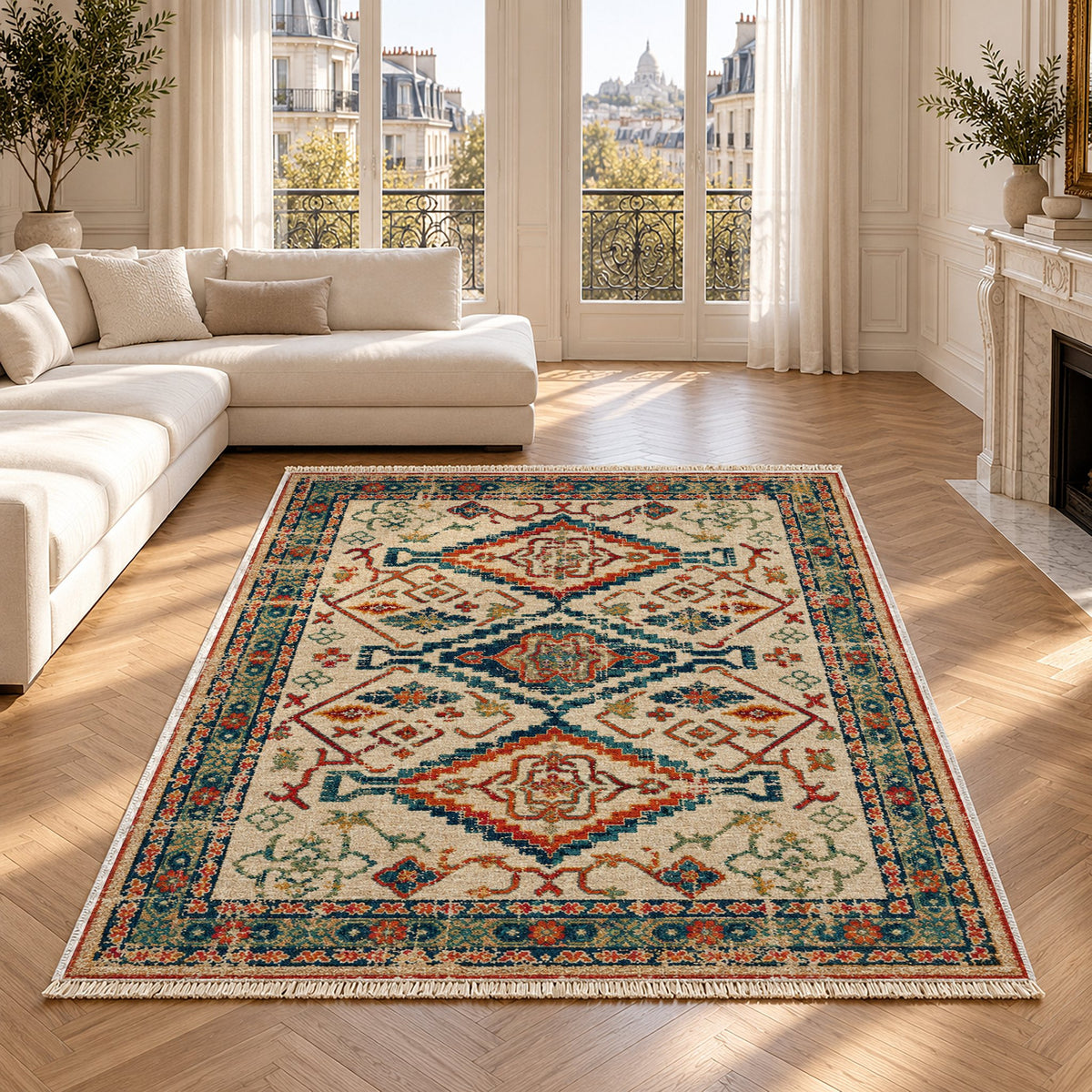 Tribal Medallion 7661 Terracotta washable rug in a Paris living room