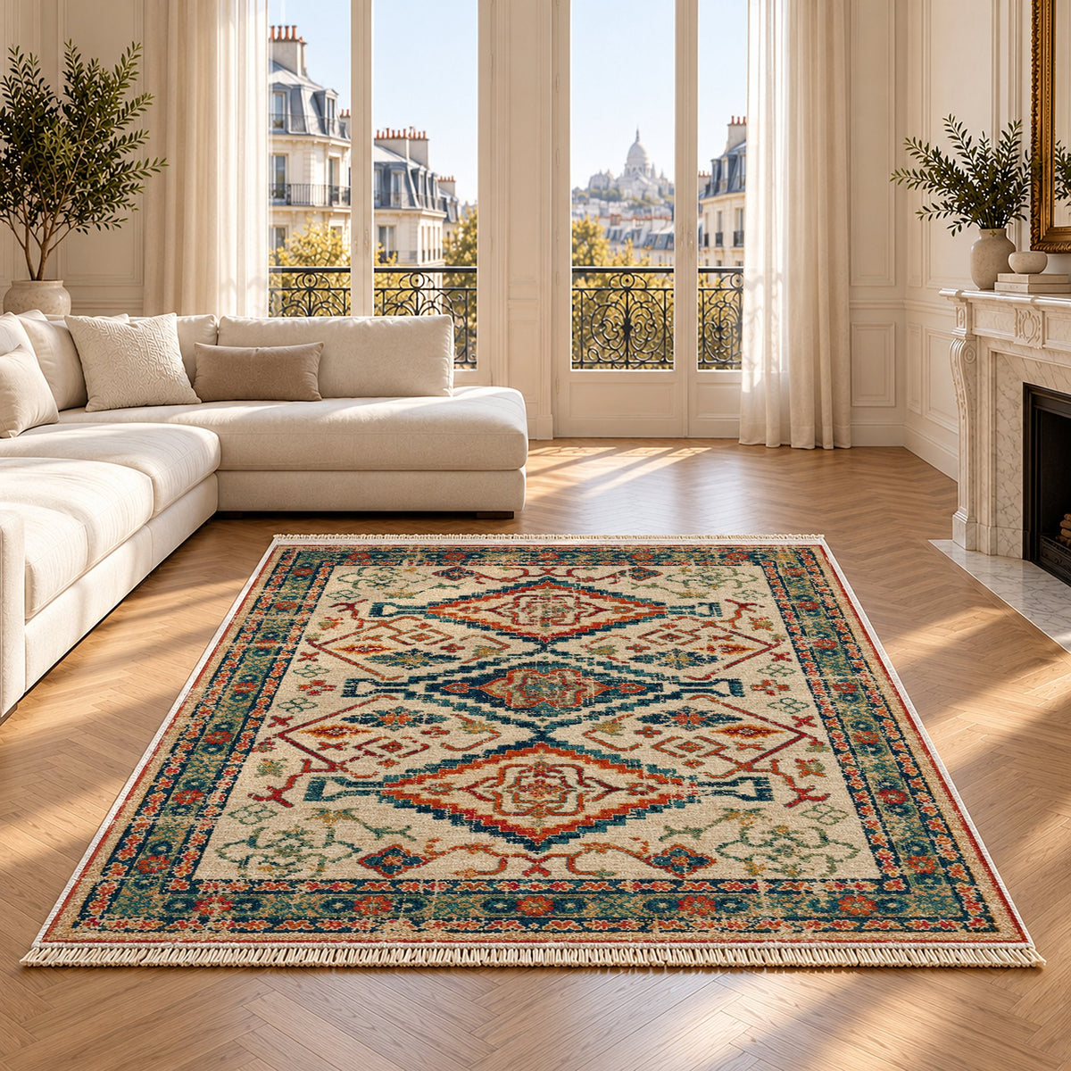 Tribal Medallion 7661 Terracotta washable rug on an oak floor