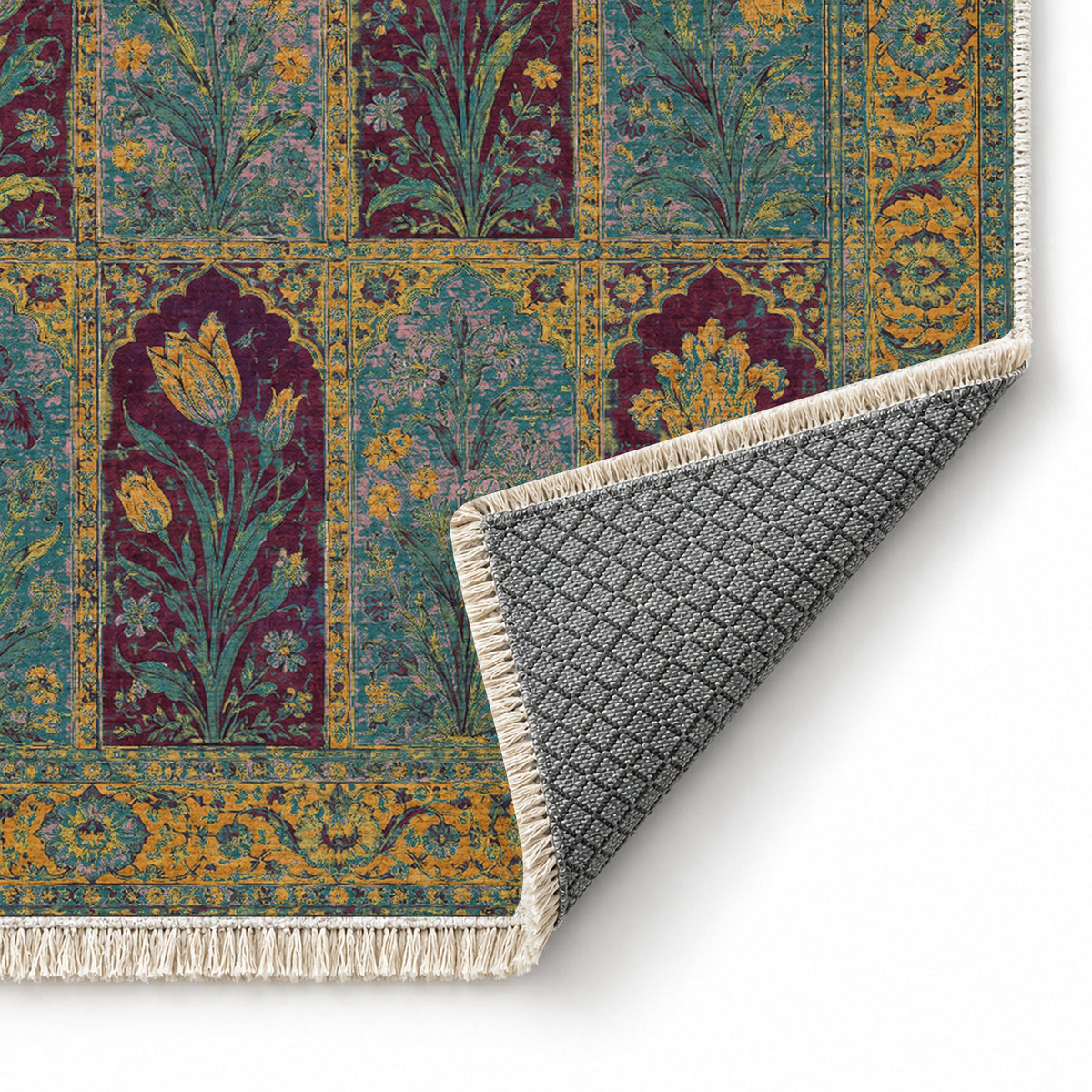 Tulip Album Burgundy & Teal washable rug folded corner showing the backing