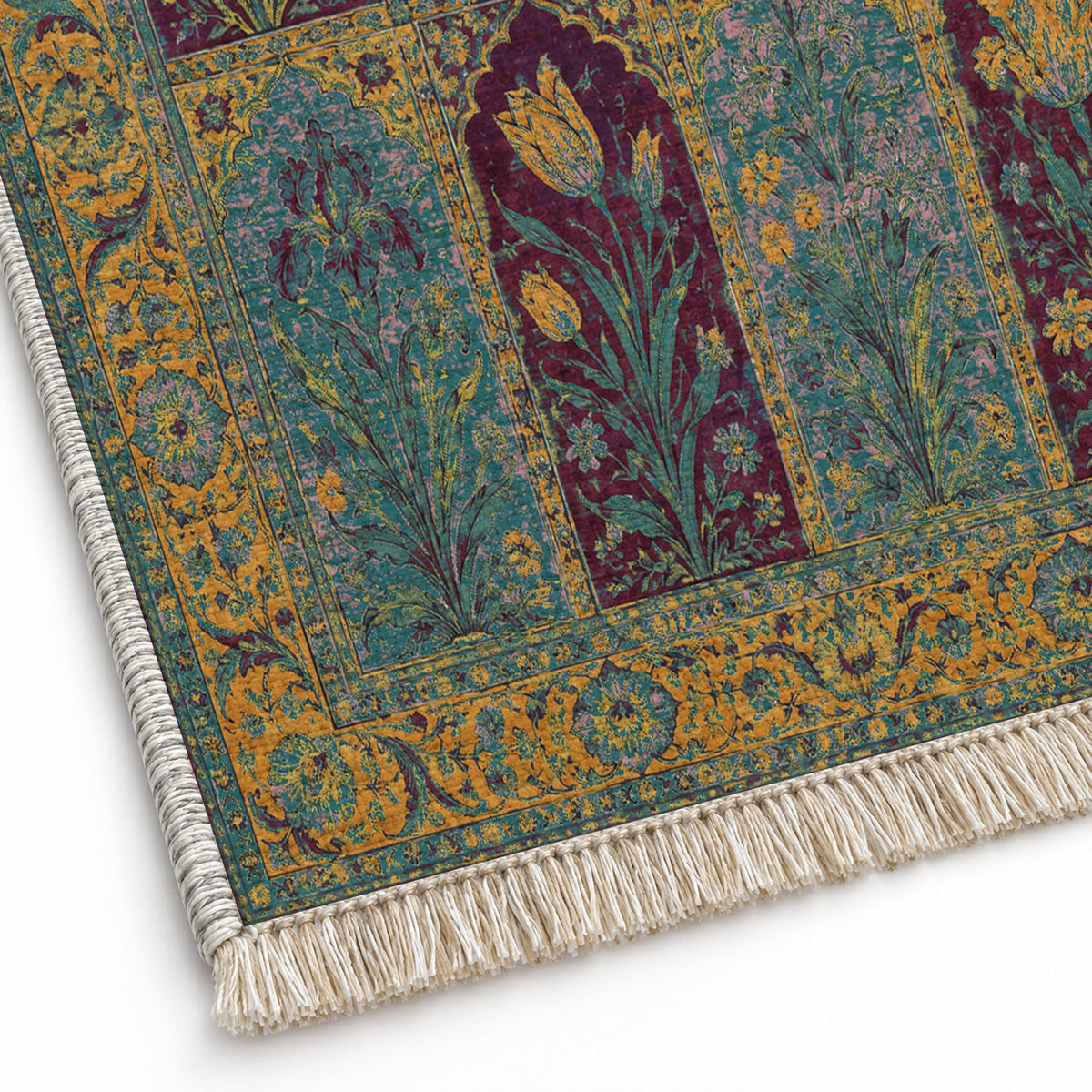 Tulip Album Burgundy & Teal washable rug close-up of the printed chenille