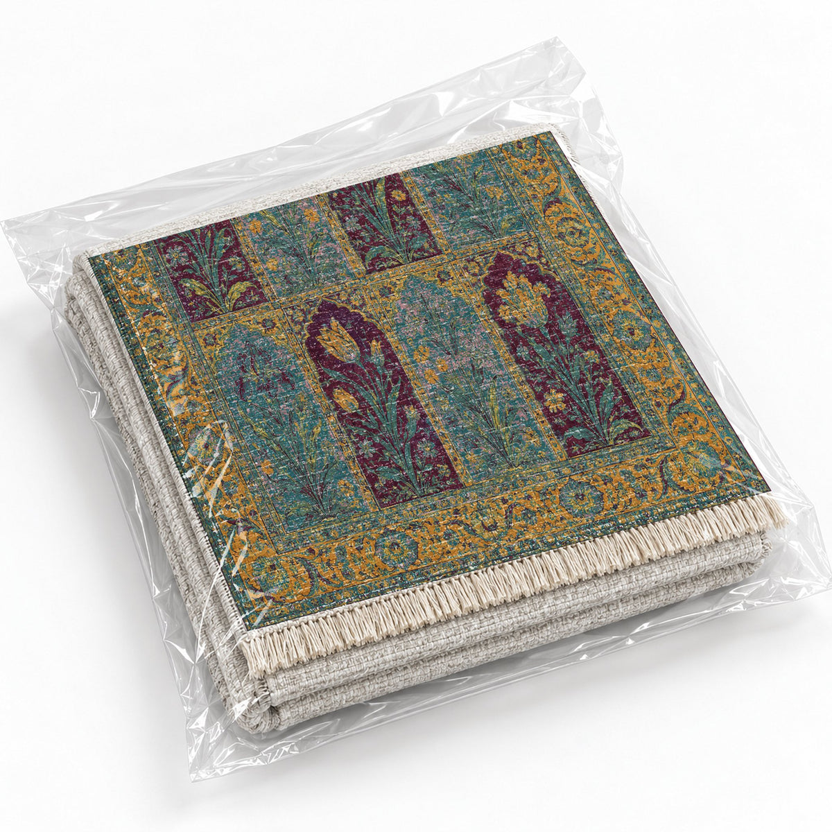 Tulip Album Burgundy & Teal washable rug rolled and packaged