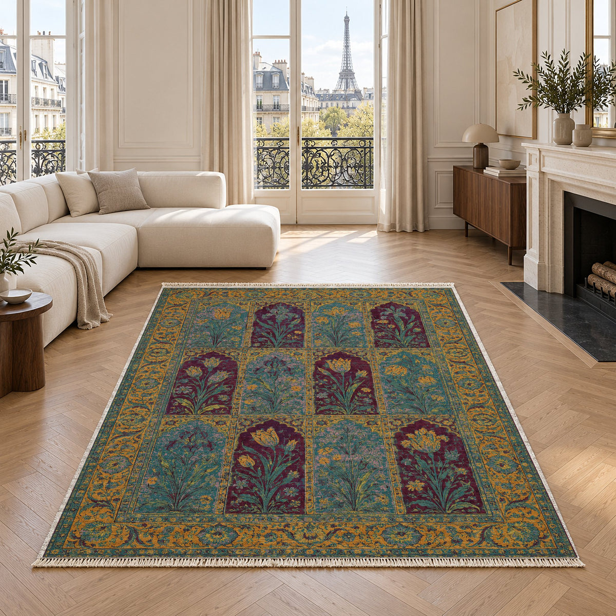 Tulip Album Burgundy & Teal washable rug in a living room with an Eiffel Tower view