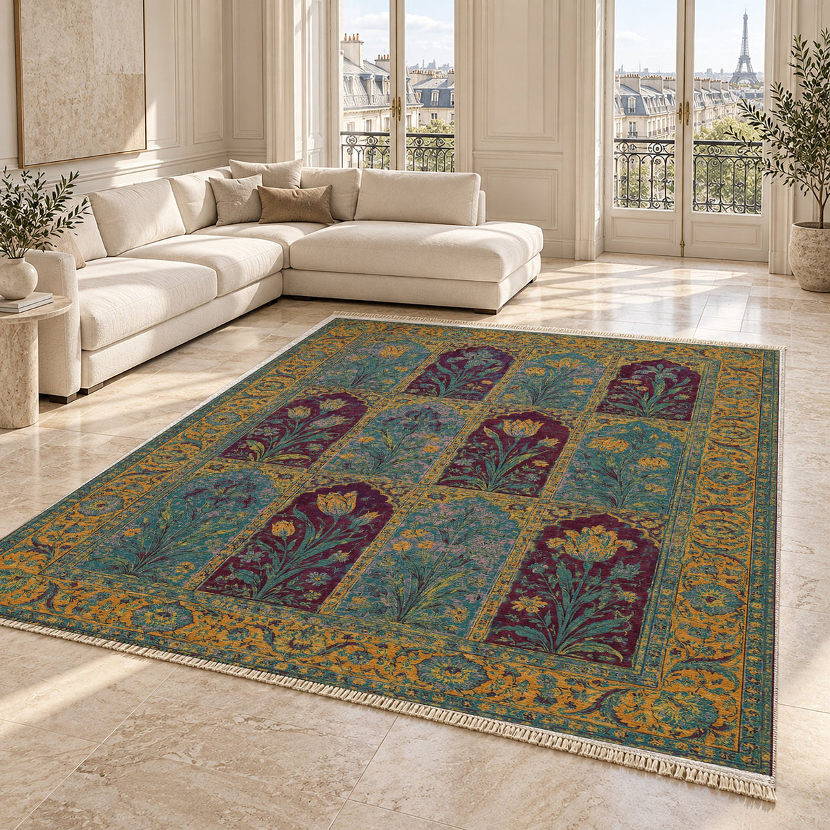 Tulip Album Burgundy & Teal washable rug angled room view on marble