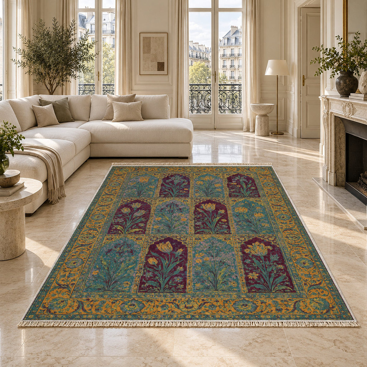 Tulip Album Burgundy & Teal washable rug on a marble floor