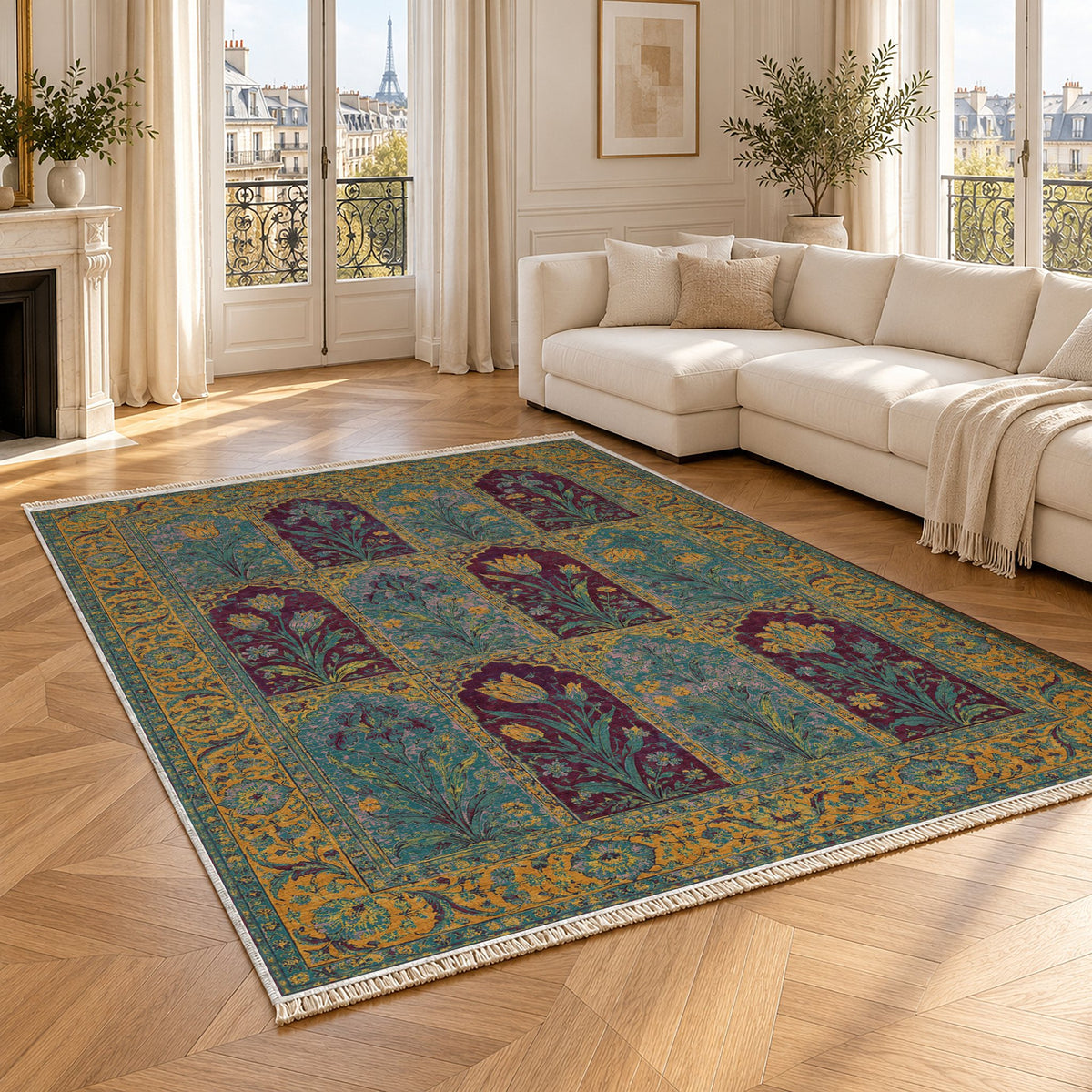 Tulip Album Burgundy & Teal washable rug angled room view
