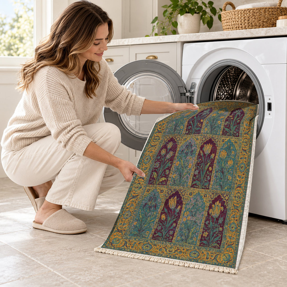 Tulip Album Burgundy & Teal washable rug being loaded into a washing machine