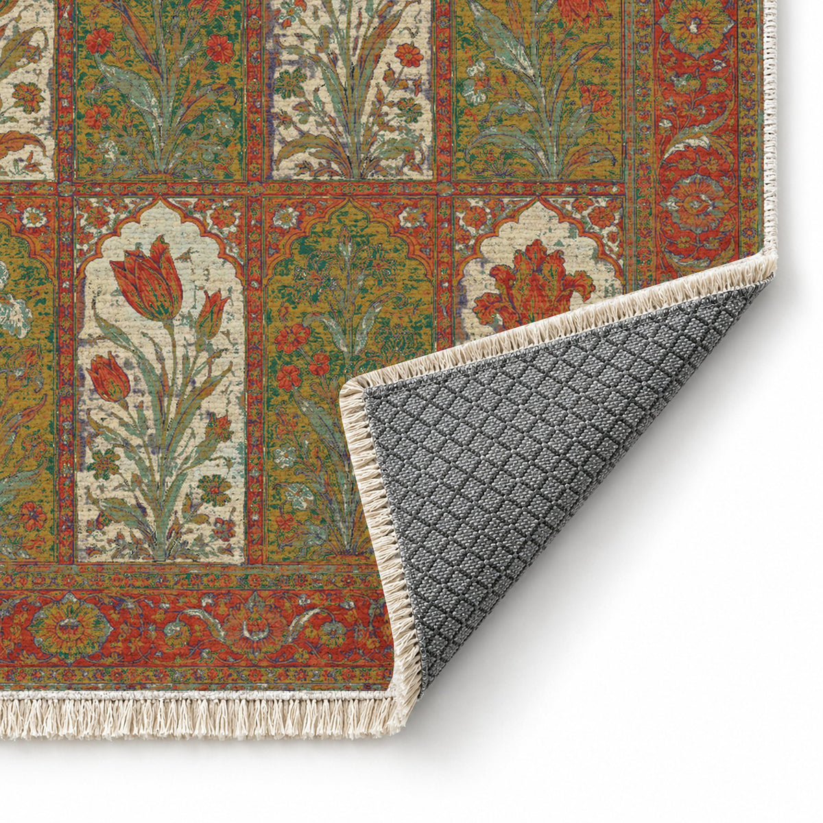 Tulip Album Emerald & Terracotta washable rug folded corner showing the backing
