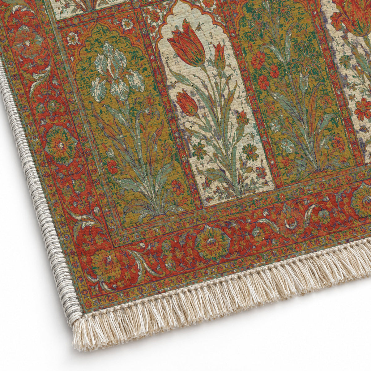 Tulip Album Emerald & Terracotta washable rug close-up of the printed chenille