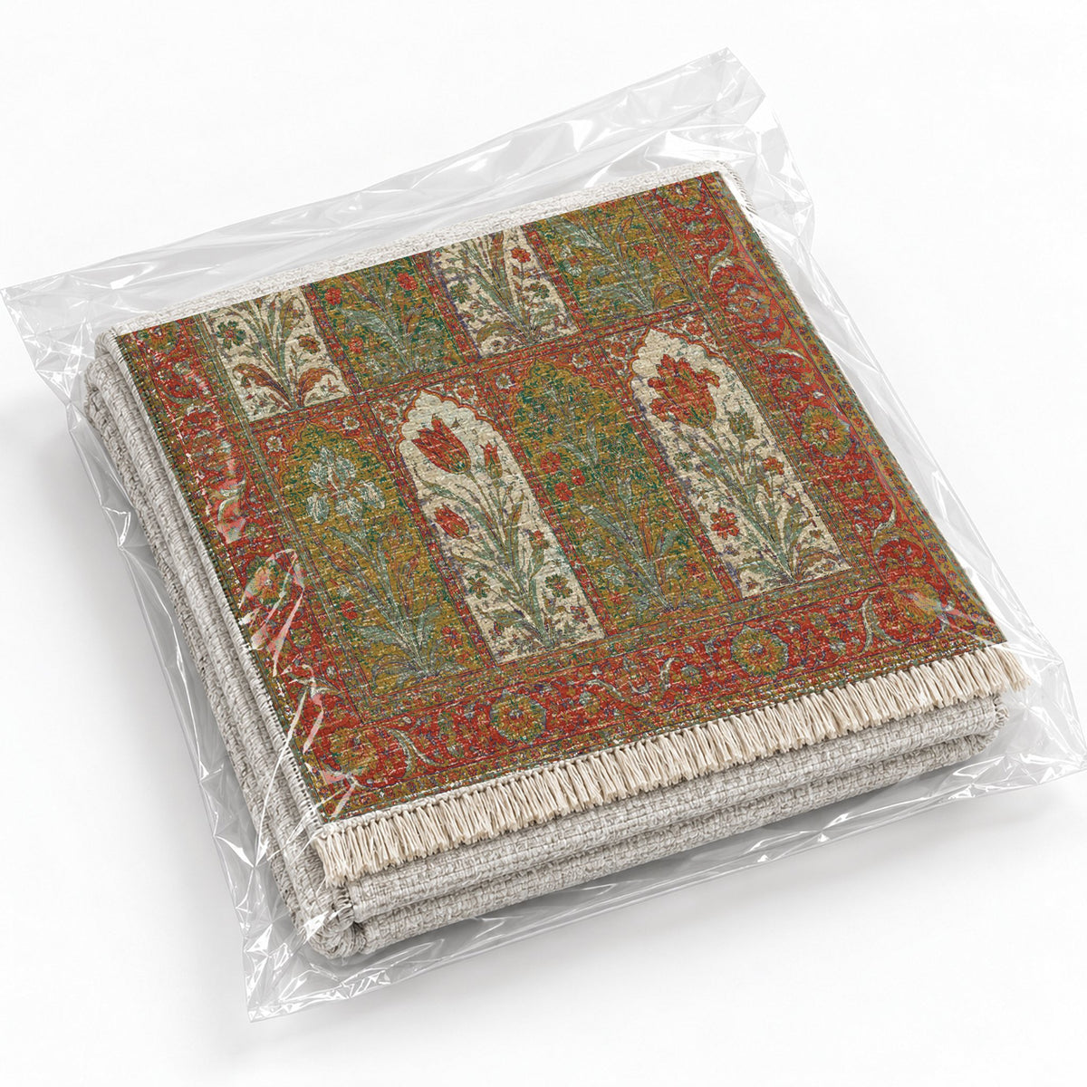Tulip Album Emerald & Terracotta washable rug rolled and packaged