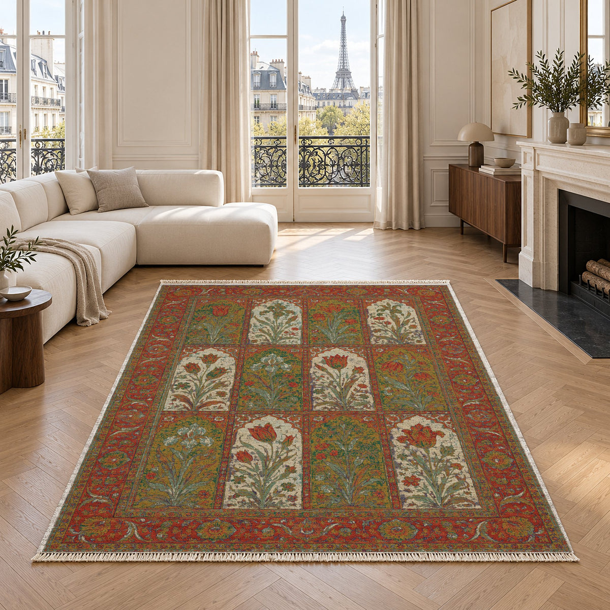 Tulip Album Emerald & Terracotta washable rug in a living room with an Eiffel Tower view