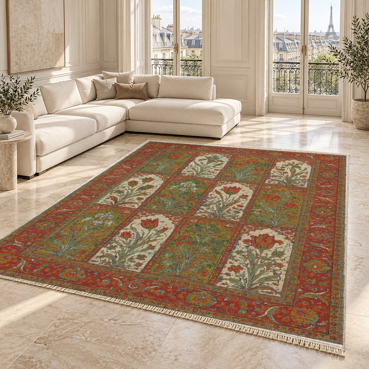 Tulip Album Emerald & Terracotta washable rug angled room view on marble