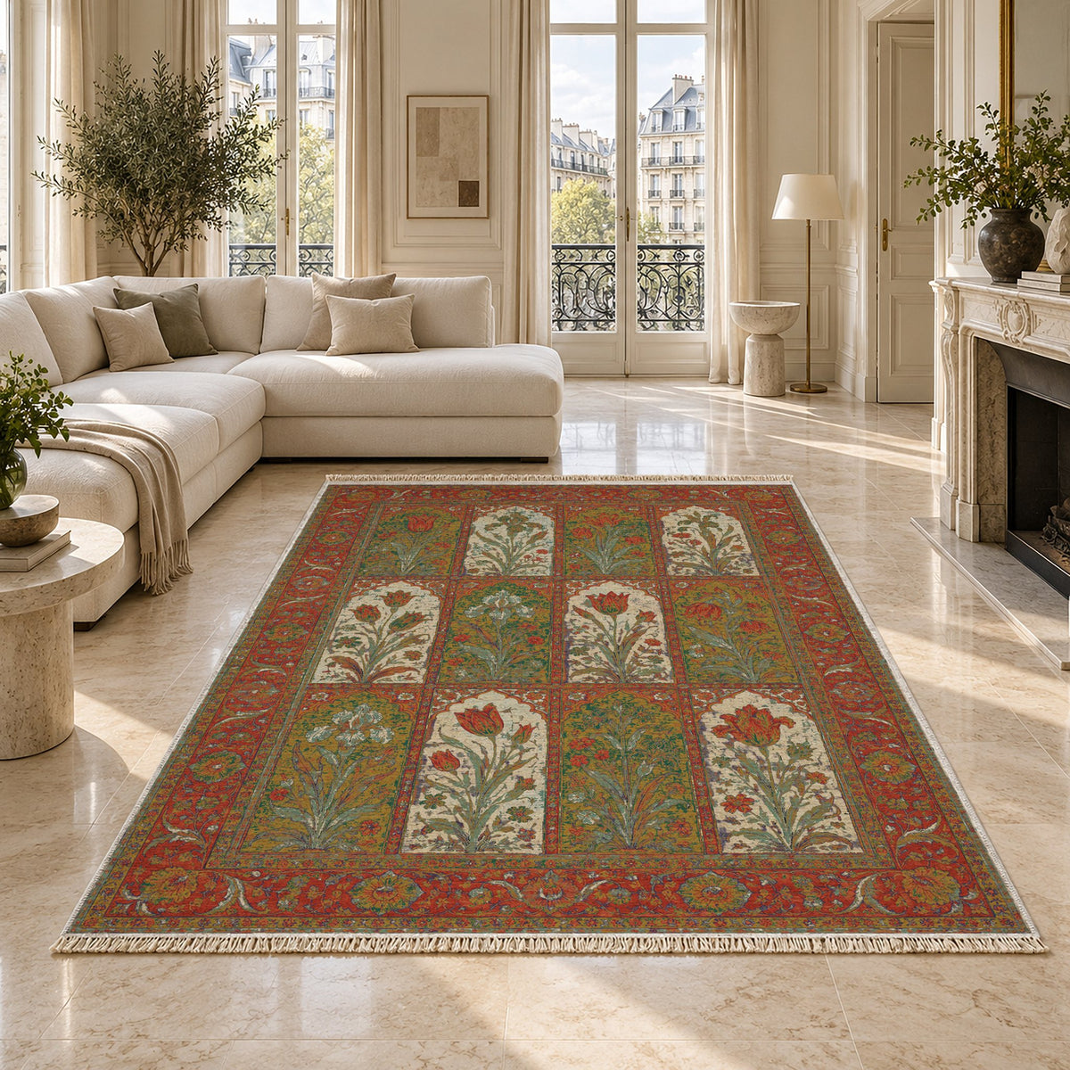 Tulip Album Emerald & Terracotta washable rug on a marble floor