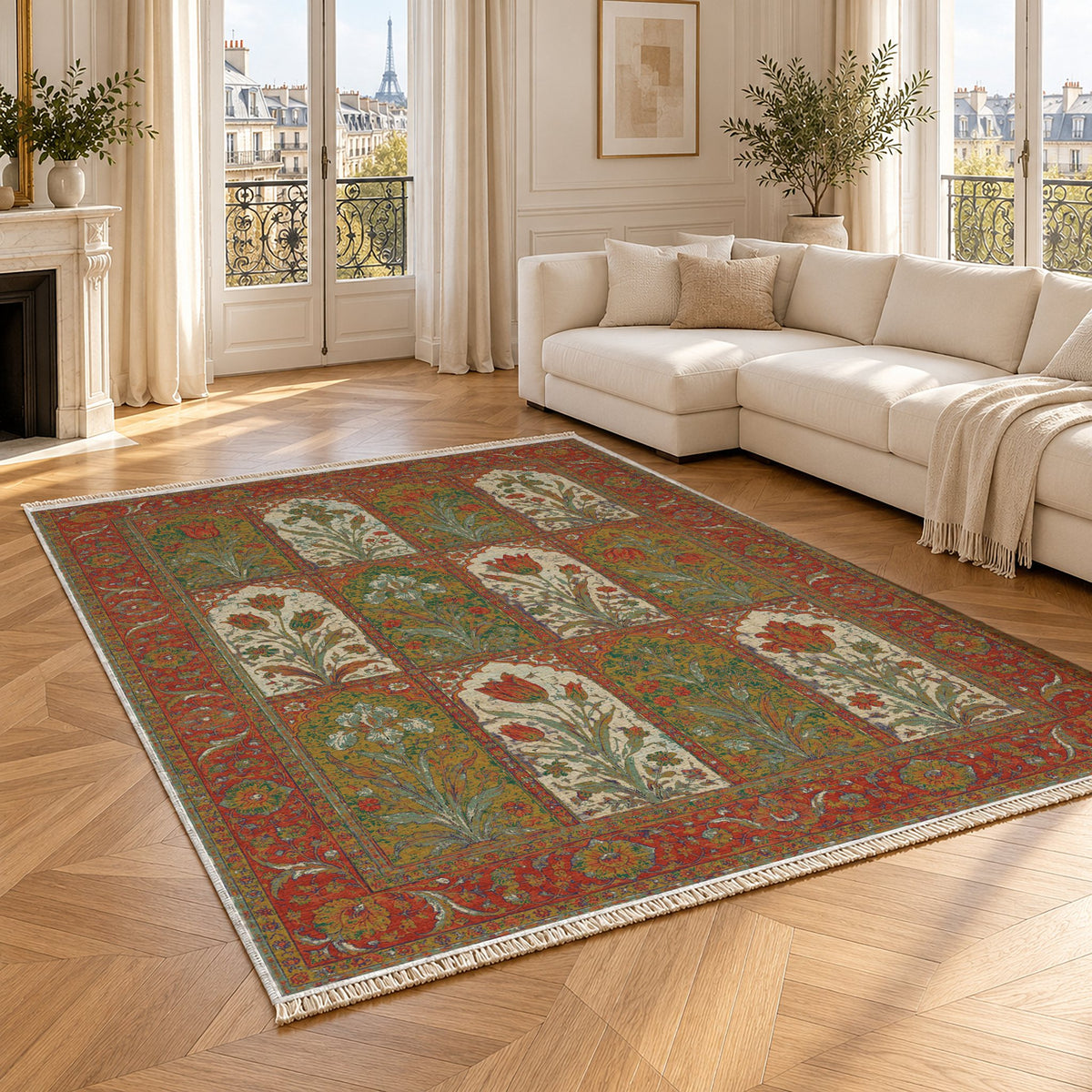 Tulip Album Emerald & Terracotta washable rug angled room view