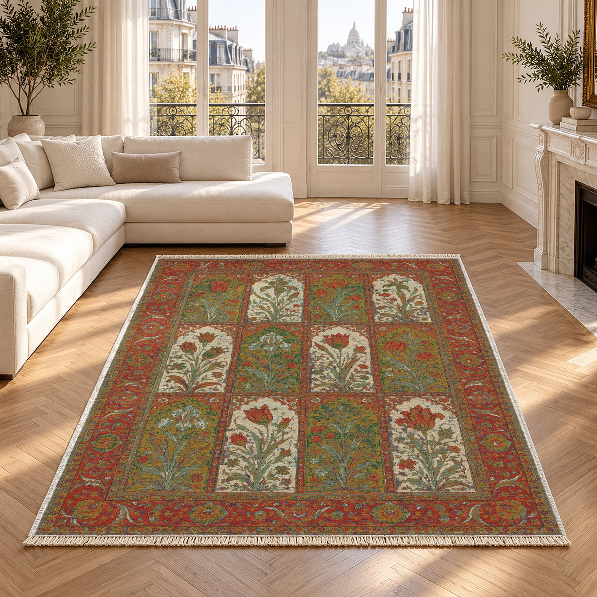 Tulip Album Emerald & Terracotta washable rug in a Paris living room