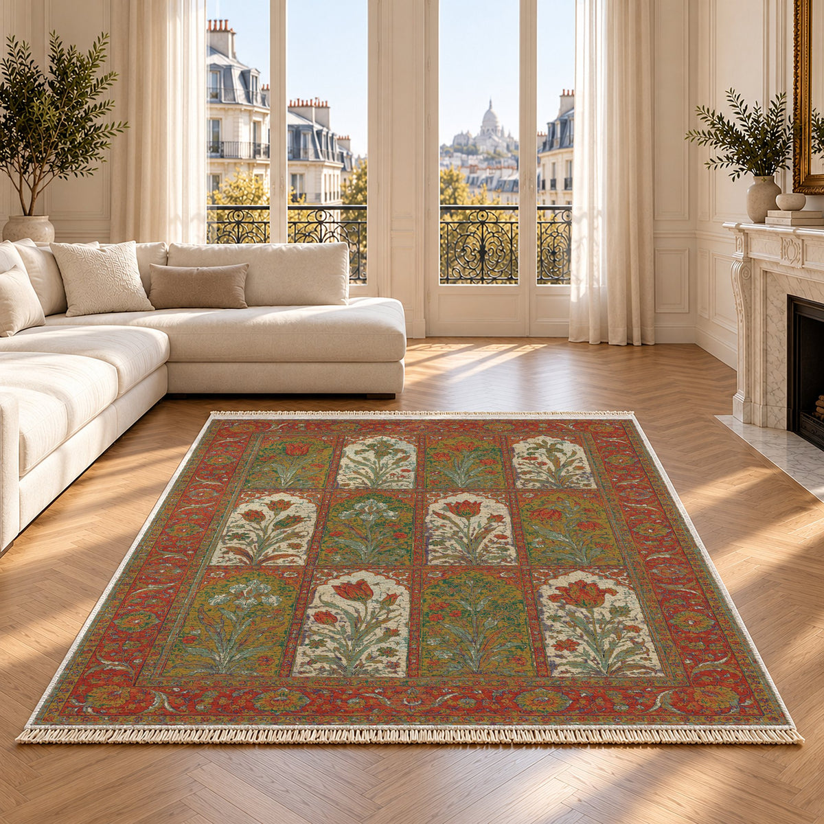 Tulip Album Emerald & Terracotta washable rug on an oak floor