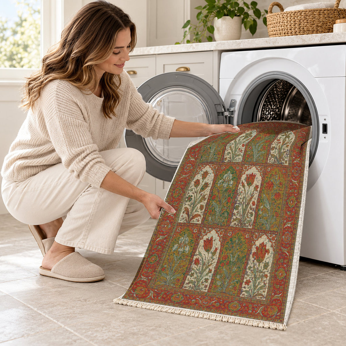 Tulip Album Emerald & Terracotta washable rug being loaded into a washing machine