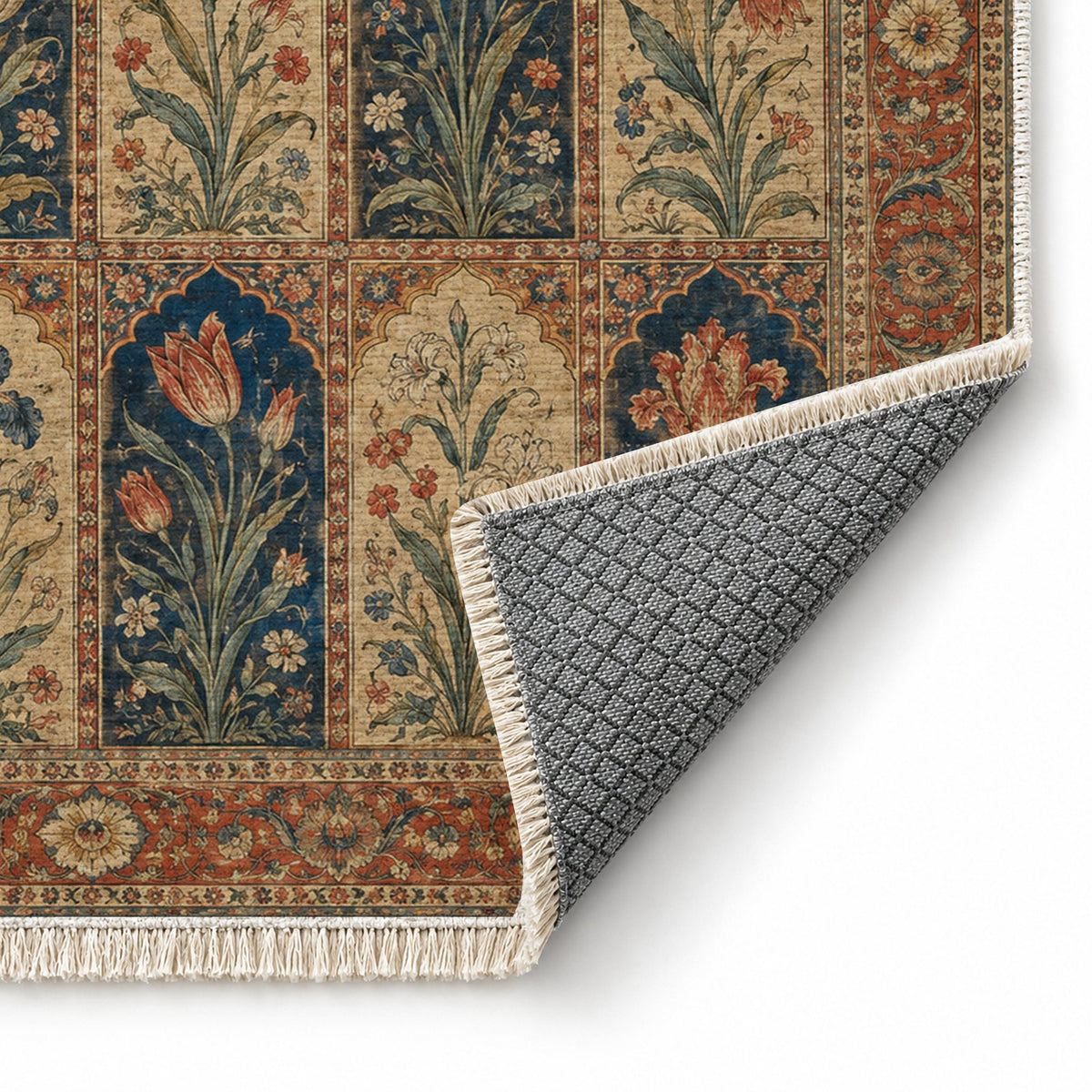 Tulip Album Indigo & Rust washable rug folded corner showing the backing