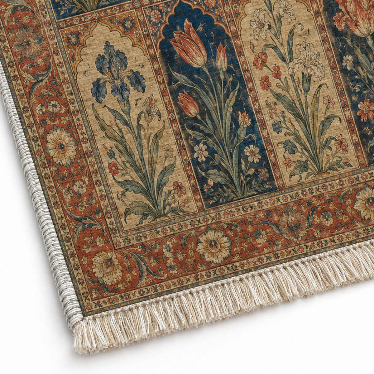 Tulip Album Indigo & Rust washable rug close-up of the printed chenille