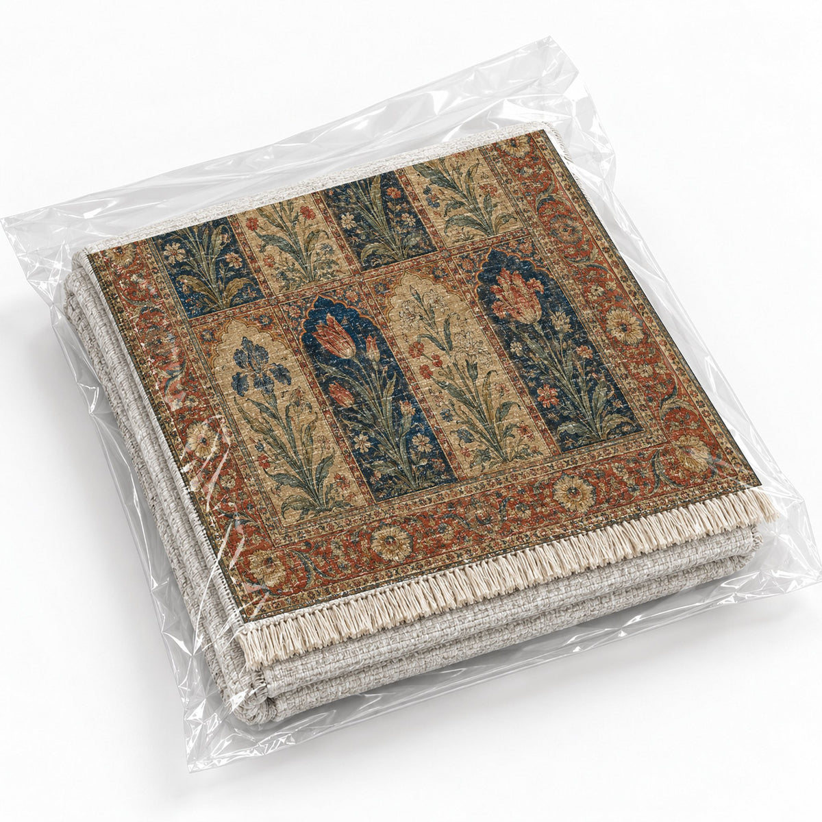 Tulip Album Indigo & Rust washable rug rolled and packaged
