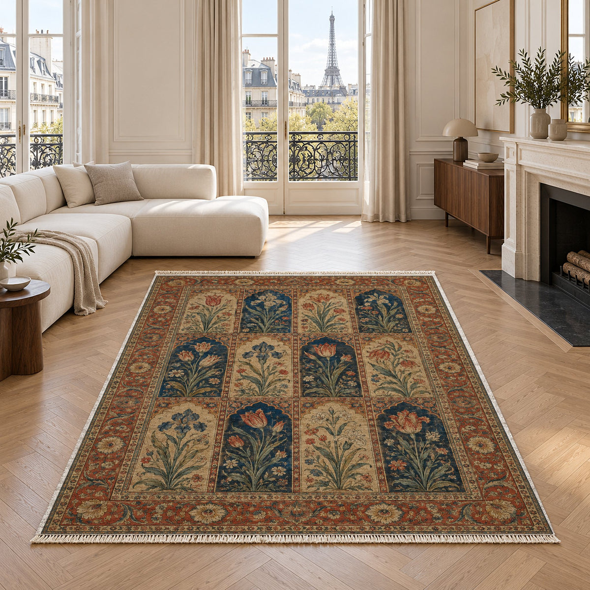 Tulip Album Indigo & Rust washable rug in a living room with an Eiffel Tower view