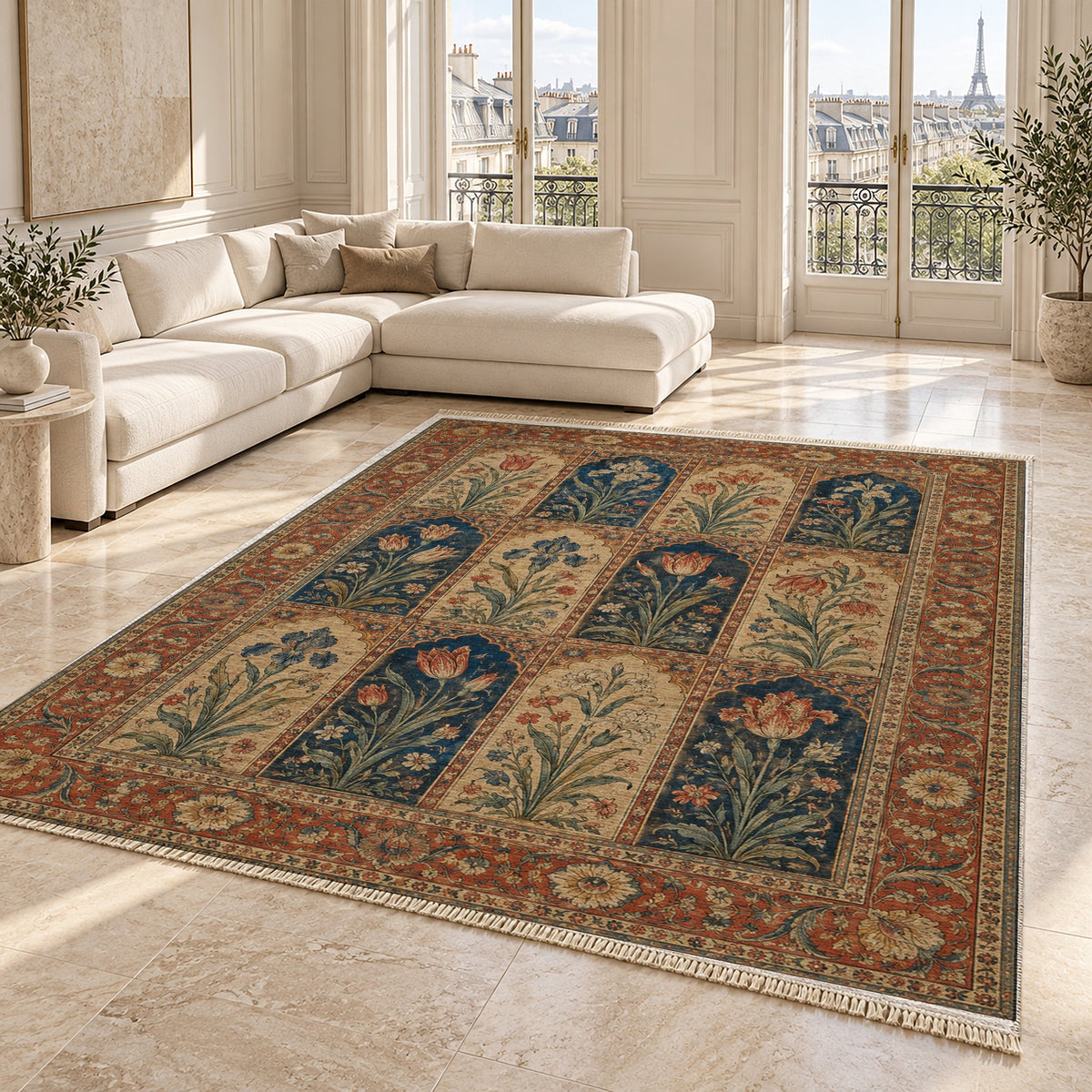 Tulip Album Indigo & Rust washable rug angled room view on marble