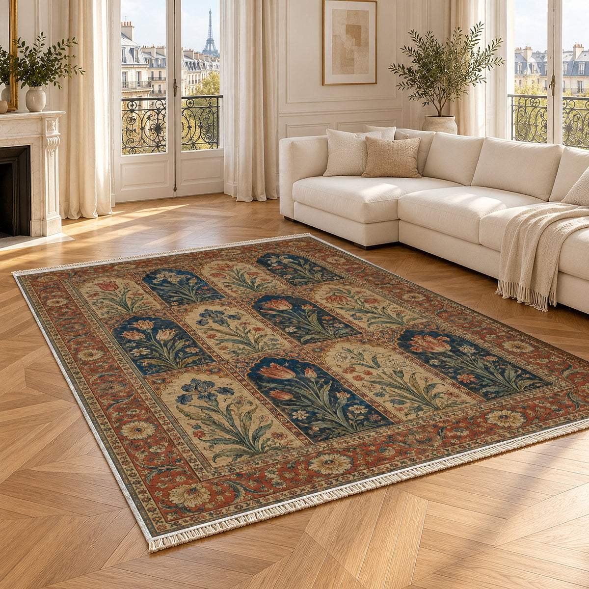 Tulip Album Indigo & Rust washable rug angled room view
