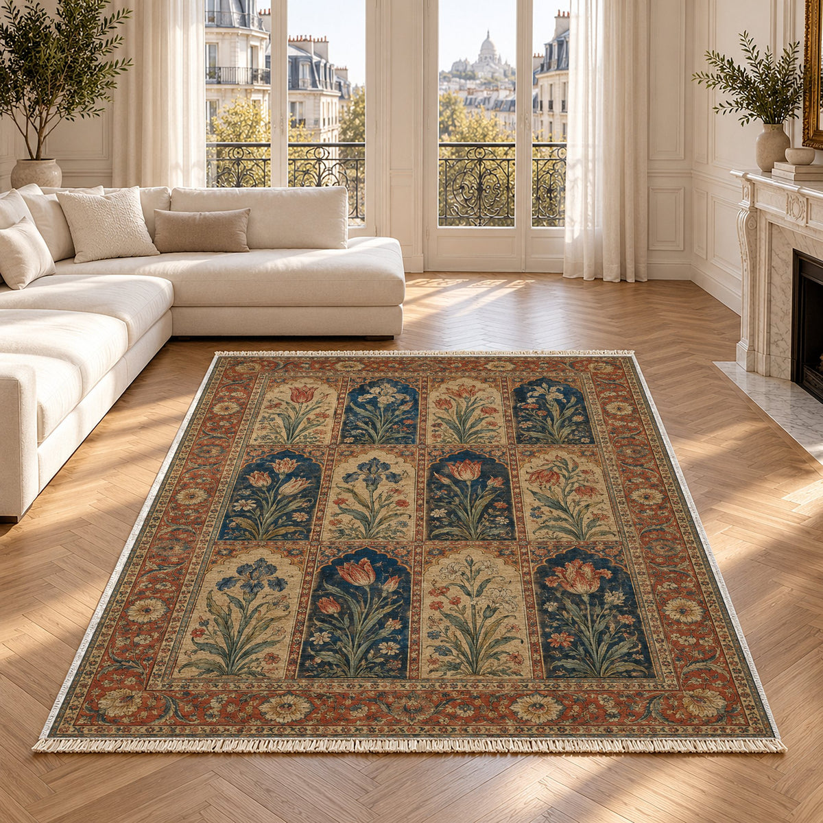 Tulip Album Indigo & Rust washable rug in a Paris living room