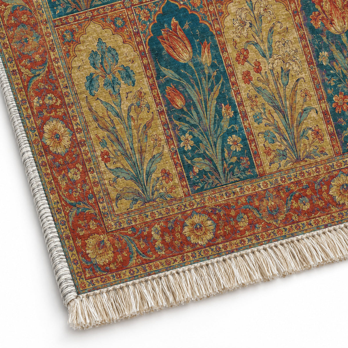Tulip Album Peacock & Ochre washable rug close-up of the printed chenille