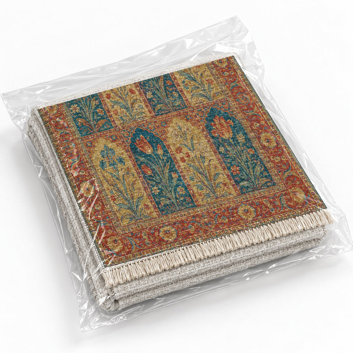 Tulip Album Peacock & Ochre washable rug rolled and packaged