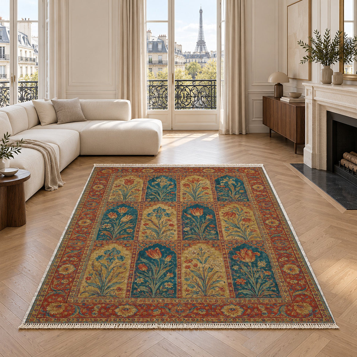 Tulip Album Peacock & Ochre washable rug in a living room with an Eiffel Tower view