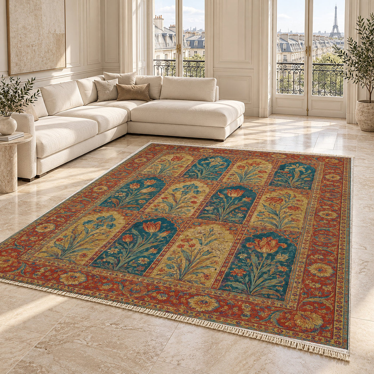 Tulip Album Peacock & Ochre washable rug angled room view on marble