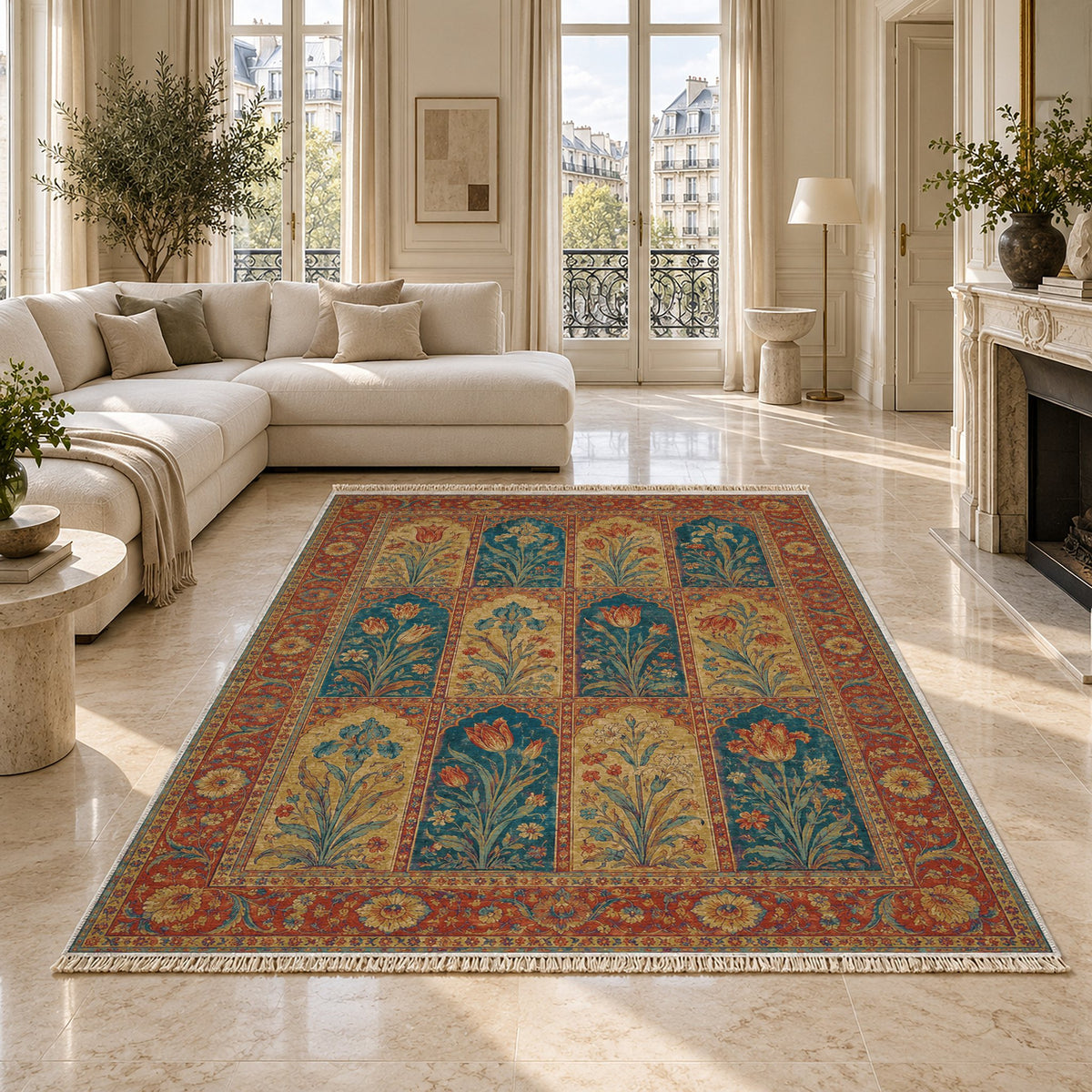 Tulip Album Peacock & Ochre washable rug on a marble floor