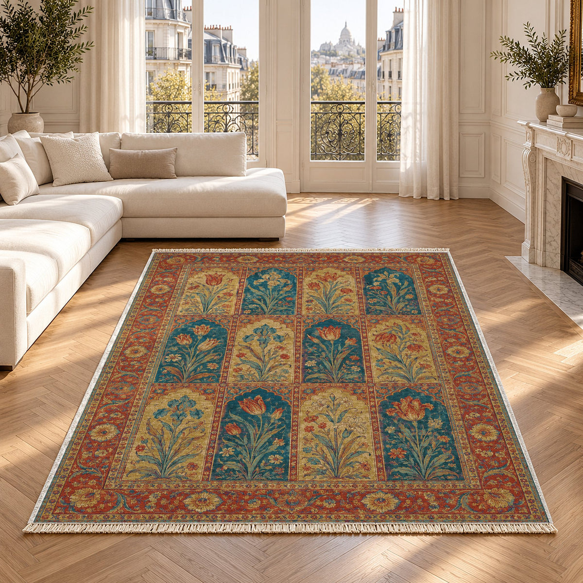 Tulip Album Peacock & Ochre washable rug in a Paris living room