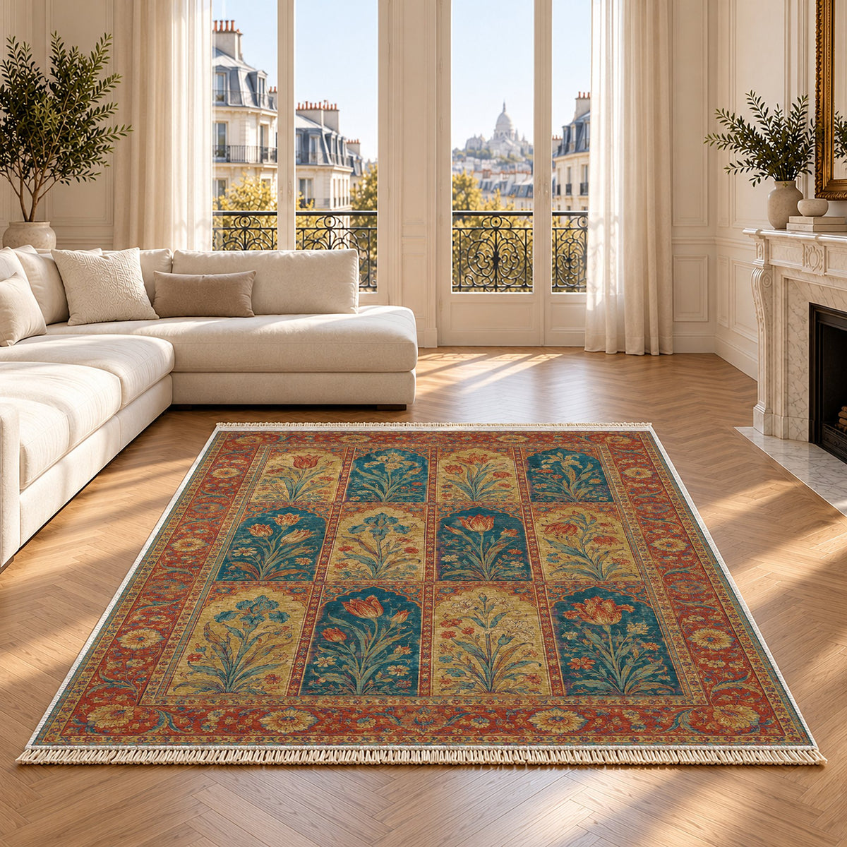 Tulip Album Peacock & Ochre washable rug on an oak floor