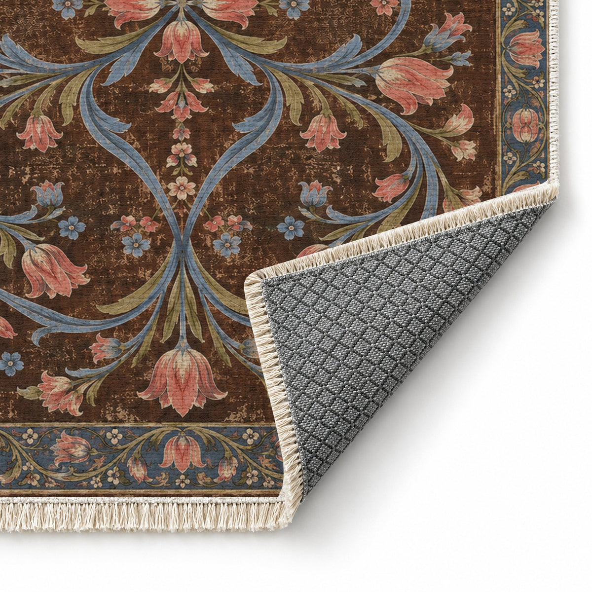 Tulip Knotwork Espresso & Cornflower washable rug folded corner showing the backing