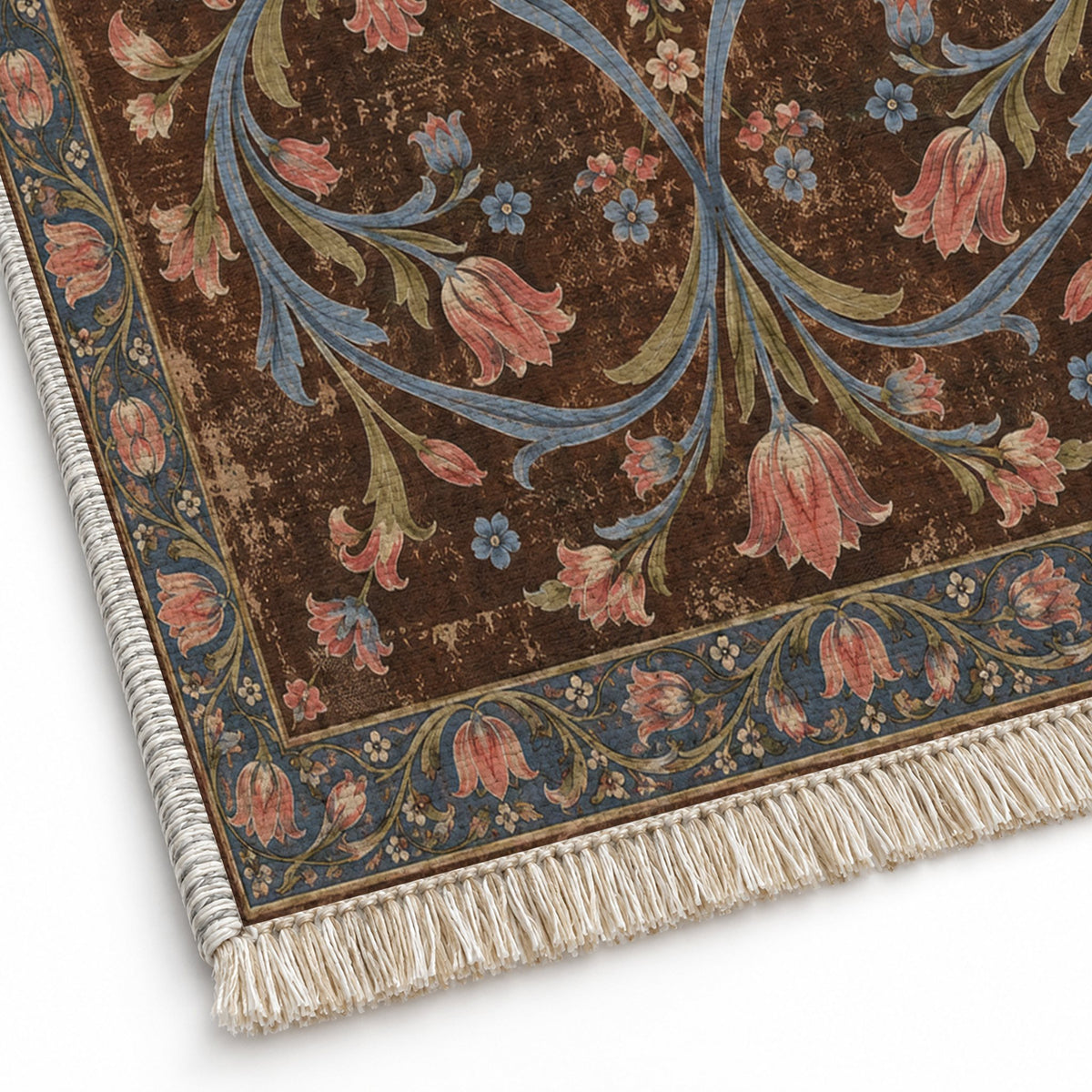 Tulip Knotwork Espresso & Cornflower washable rug close-up of the printed chenille