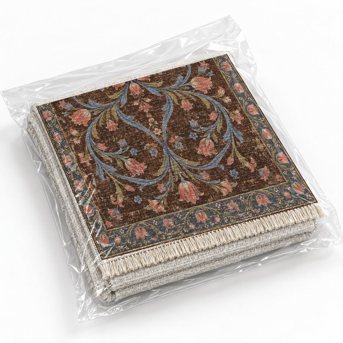 Tulip Knotwork Espresso & Cornflower washable rug rolled and packaged