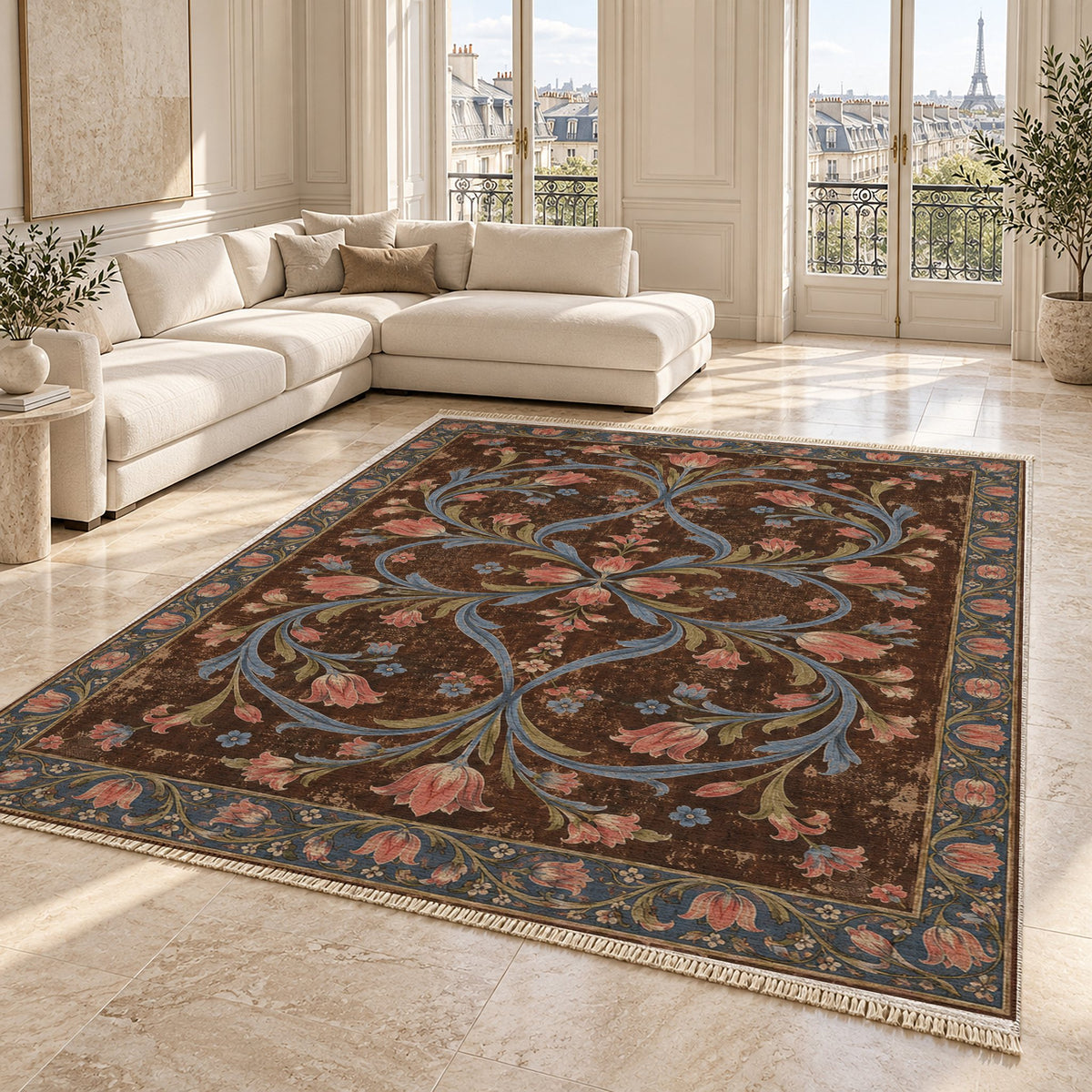 Tulip Knotwork Espresso & Cornflower washable rug angled room view on marble