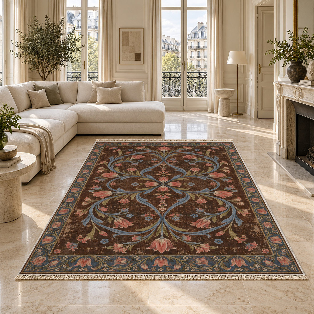 Tulip Knotwork Espresso & Cornflower washable rug on a marble floor