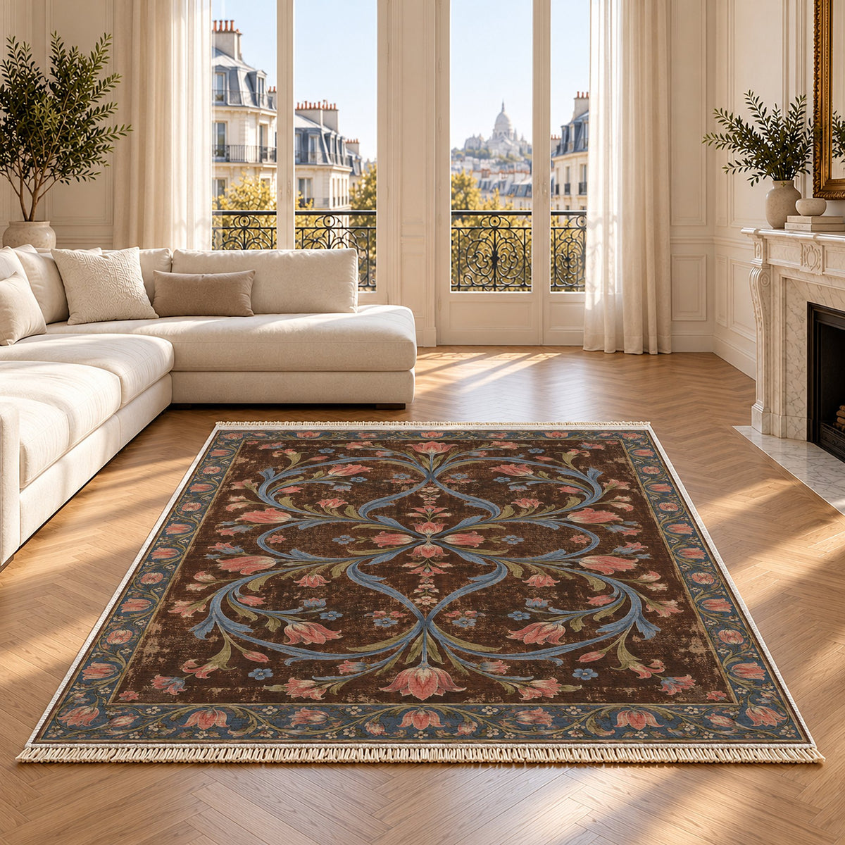 Tulip Knotwork Espresso & Cornflower washable rug on an oak floor