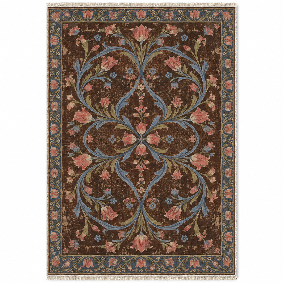 Tulip Knotwork Espresso & Cornflower washable rug top view