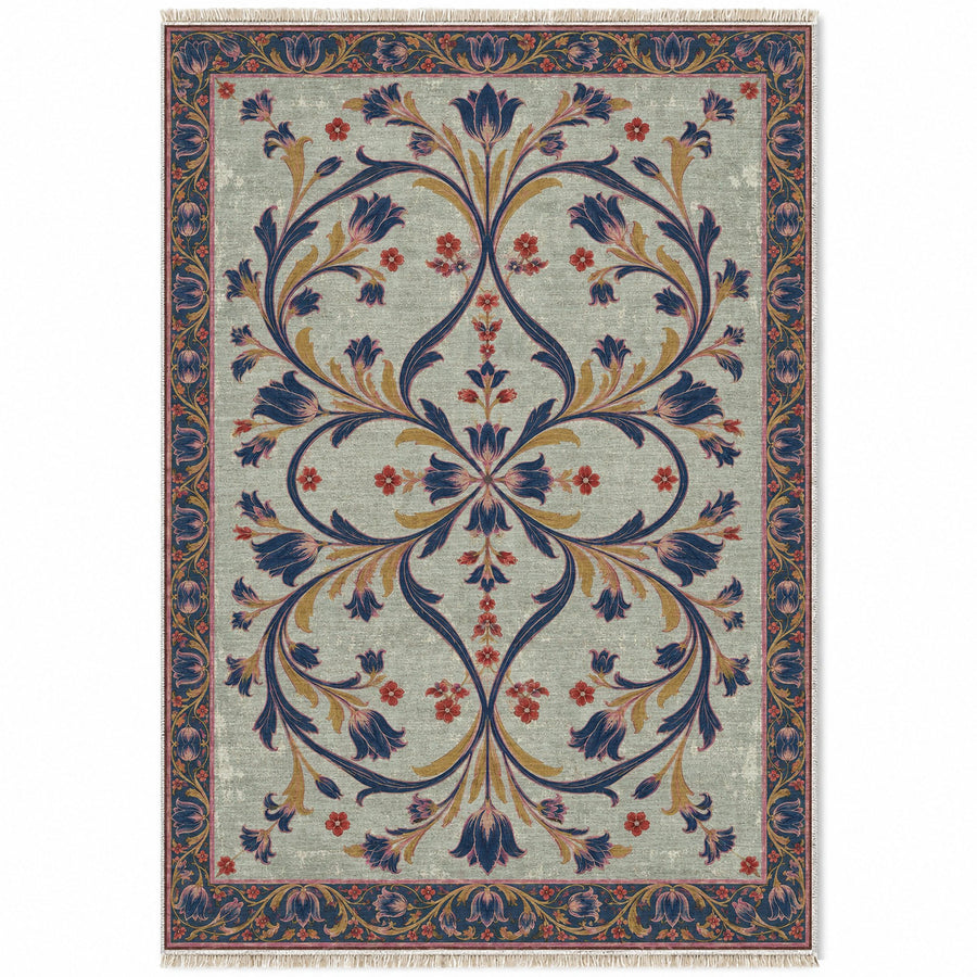 Tulip Knotwork Glacier, Ink & Vermilion Distressed Washable Rug