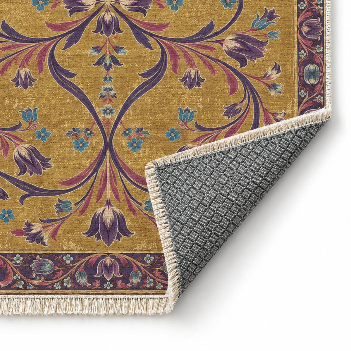 Tulip Knotwork Golden, Plum & Azure washable rug folded corner showing the backing