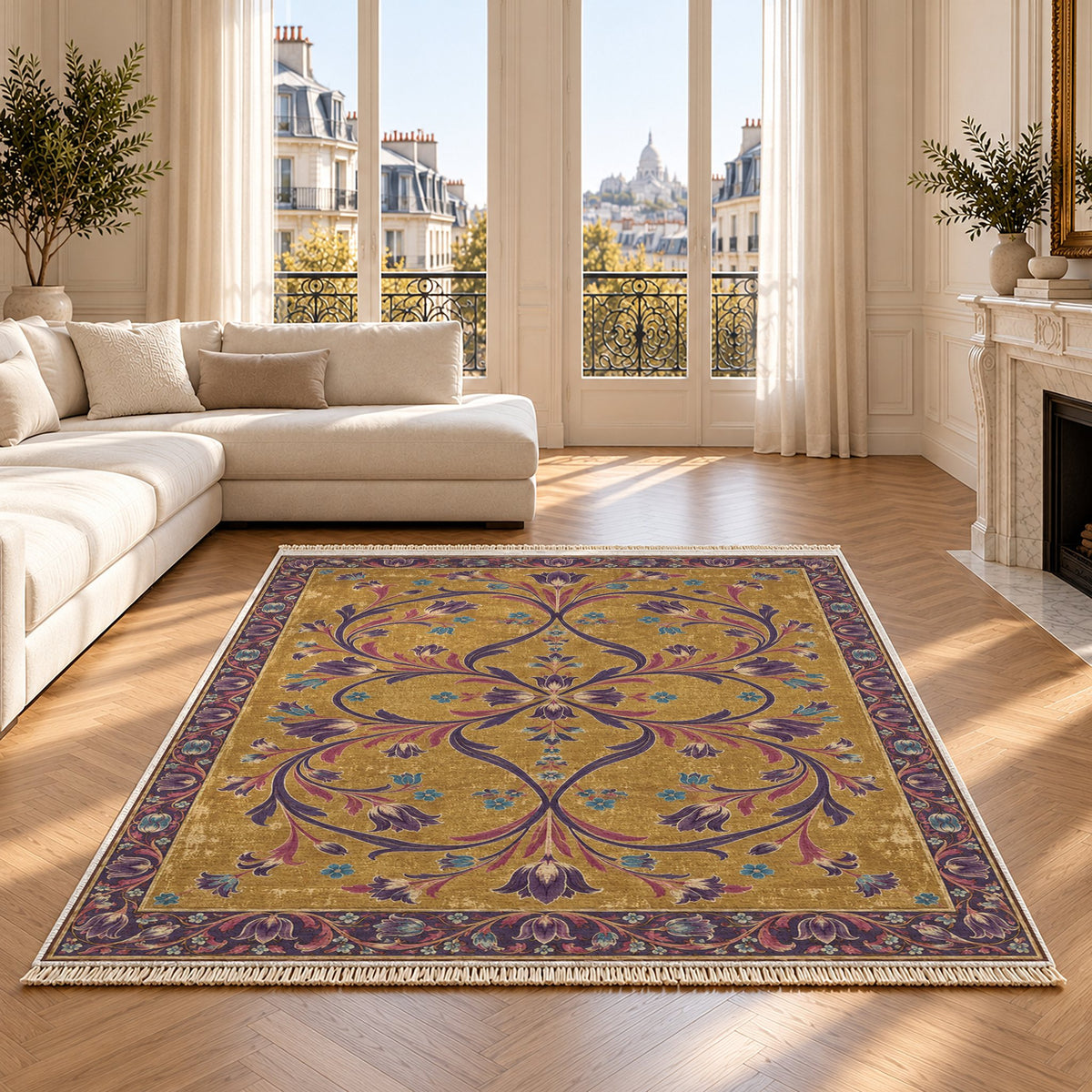 Tulip Knotwork Golden, Plum & Azure washable rug on an oak floor