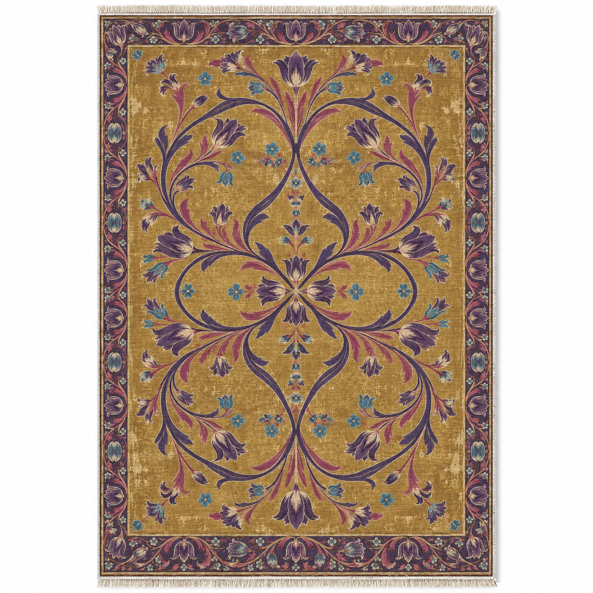 Tulip Knotwork Golden, Plum & Azure washable rug top view