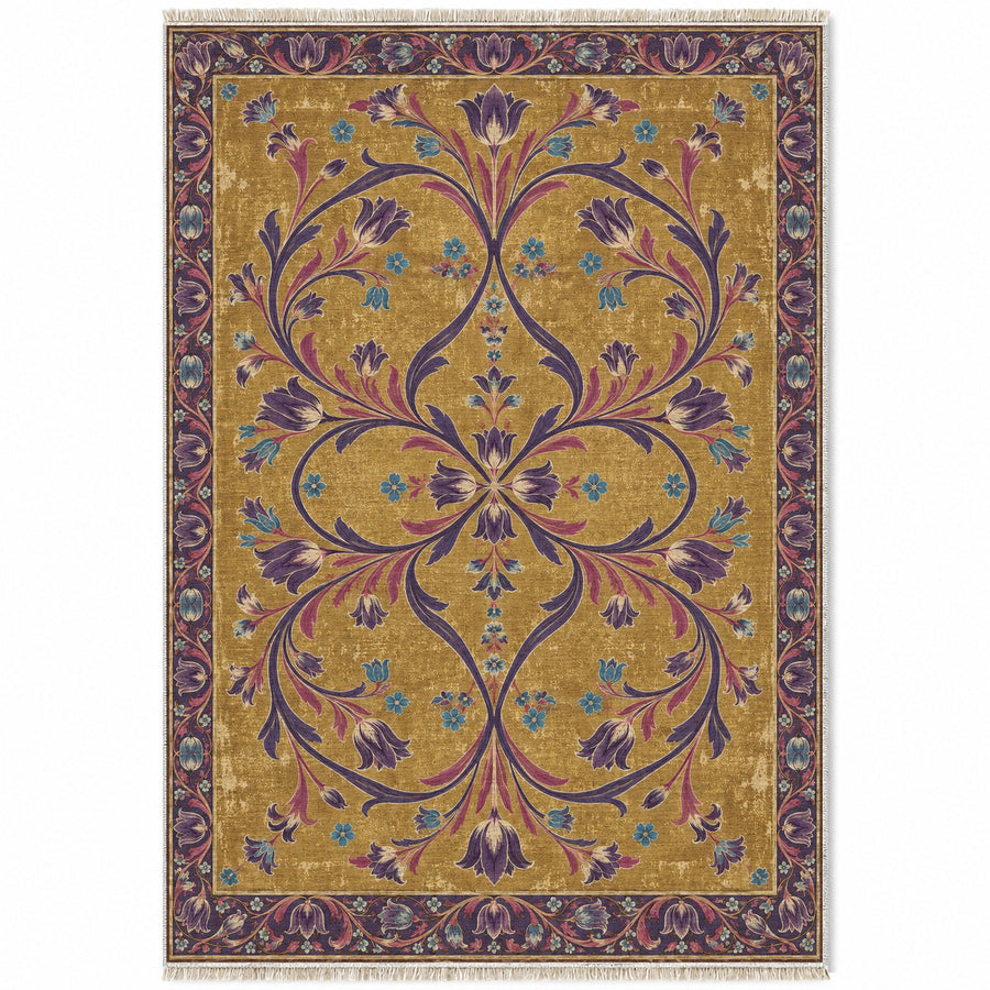 Tulip Knotwork Golden, Plum & Azure Distressed Washable Rug