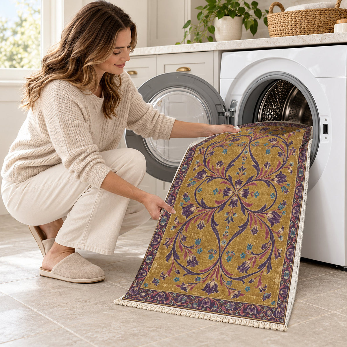 Tulip Knotwork Golden, Plum & Azure washable rug being loaded into a washing machine