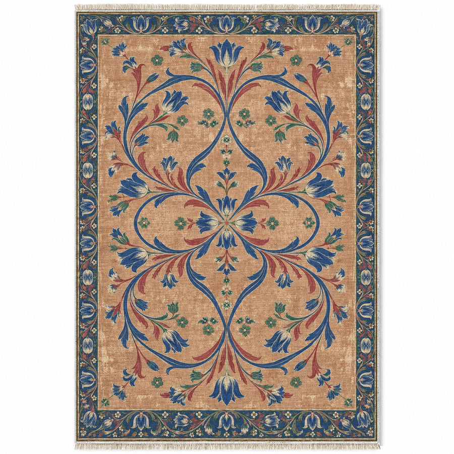 Tulip Knotwork Peach, Cobalt & Jade Distressed Washable Rug