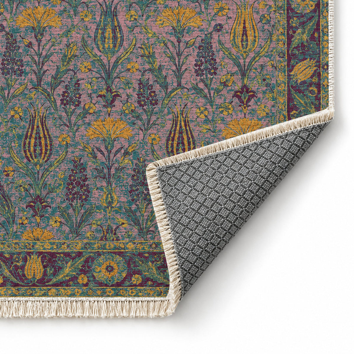 Tulip Procession Burgundy & Teal washable rug folded corner showing the backing