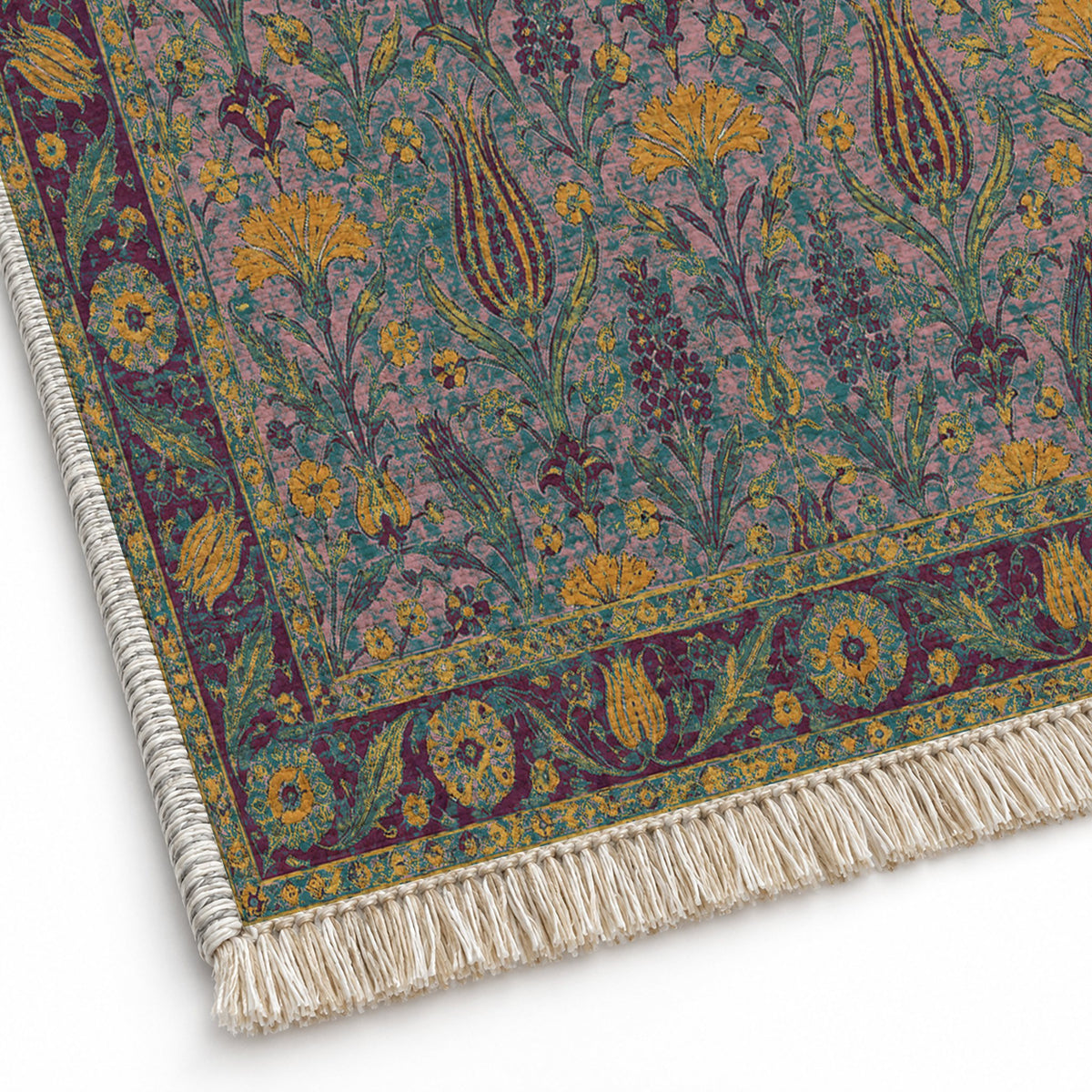 Tulip Procession Burgundy & Teal washable rug close-up of the printed chenille
